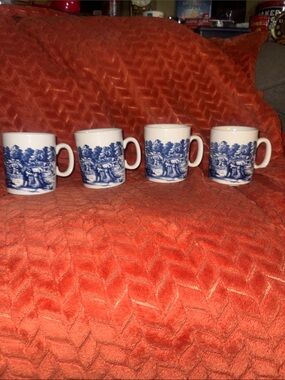 Vintage Blue & White Transferware Ceramic Mugs – Set of 4 (Made in England)